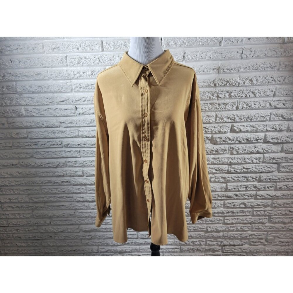 Denim & Co Velour Top 3X Brown Button Up Collared Shirt Womens Plus Size BRO50E